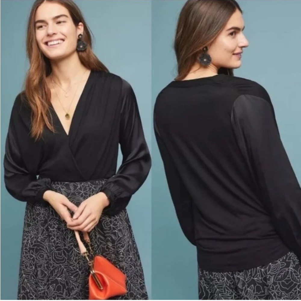 Anthropologie Drape V-Neck Satin Sleeved Blouse